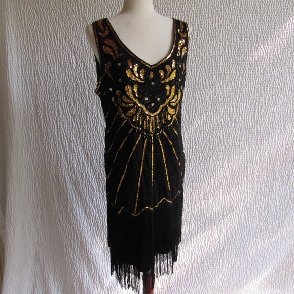 Fun Sequin Costume Dress Gold Black Fabric Custom Not cheap M L - Picture 5 of 15